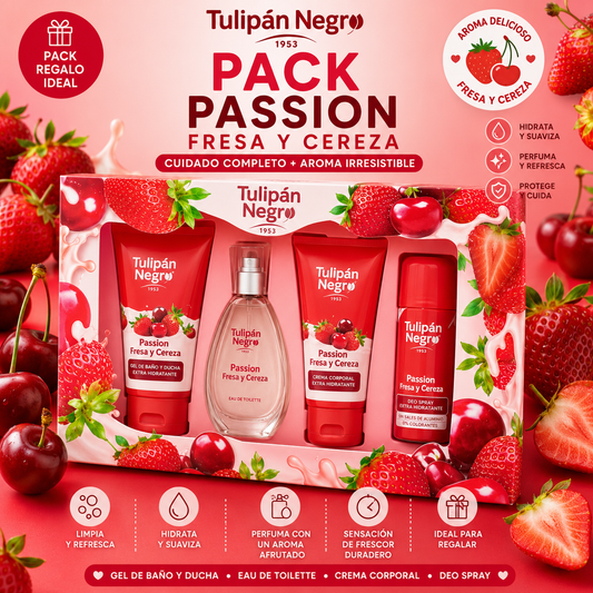 Pack Passion Fresa y Cereza Tulipán Negro con gel de baño, crema corporal, eau de toilette y desodorante spray con aroma afrutado.