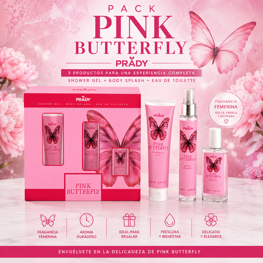 Pack Pink Butterfly de Prady con perfume Eau de Toilette 50 ml, Body Splash 250 ml y Shower Gel 100 ml para mujer