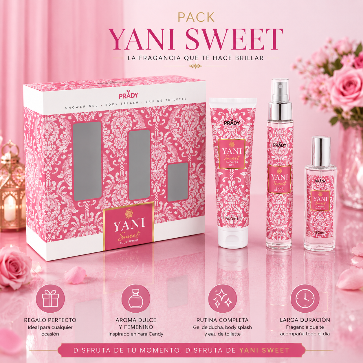 Pack Sweet Mujer presentado en un elegante ambiente floral en tonos rosa