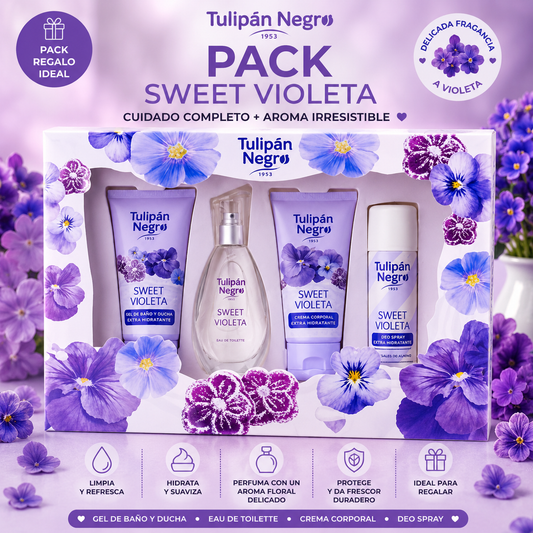 Pack Sweet Violeta Tulipán Negro con gel de baño, crema corporal, eau de toilette y desodorante spray con fragancia floral de violeta.
