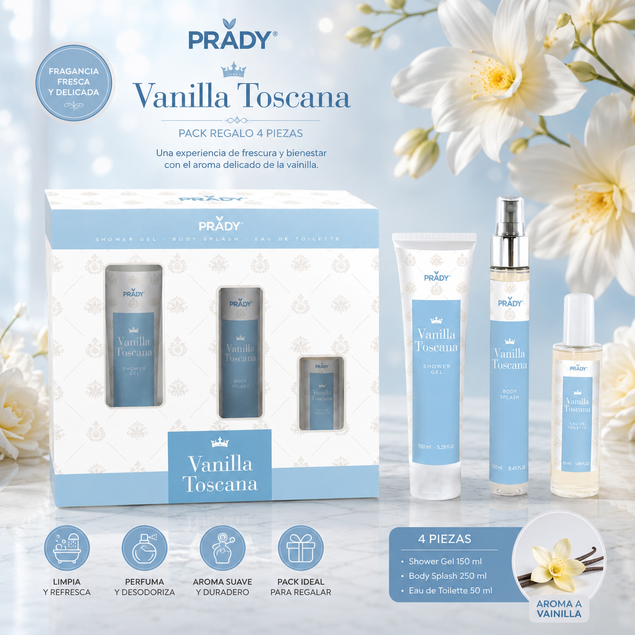 Pack Vanilla Toscana Prady con Gel de Ducha 150 ml, Body Splash 250 ml y Eau de Toilette 50 ml