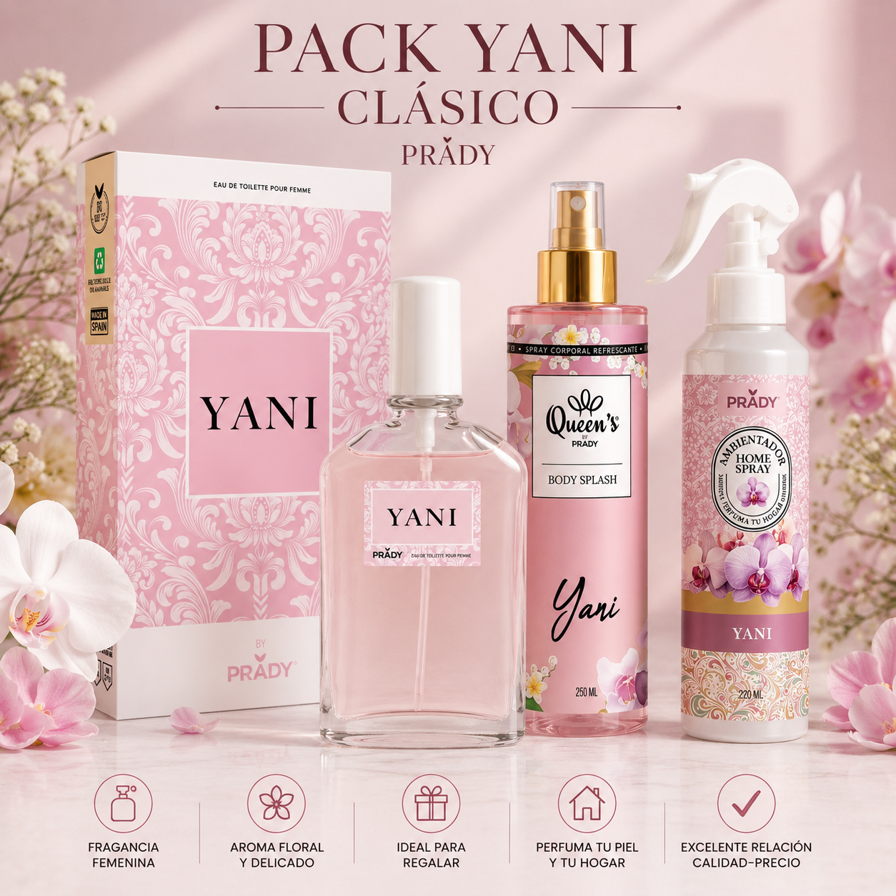 Pack Yani Clásico Prady con perfume Eau de Toilette, Body Splash 250 ml y Home Spray 220 ml.