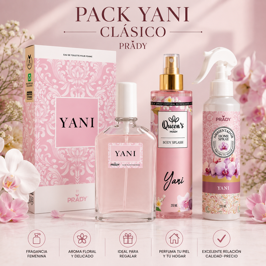 Pack Yani Clásico Prady con perfume Eau de Toilette, Body Splash 250 ml y Home Spray 220 ml.