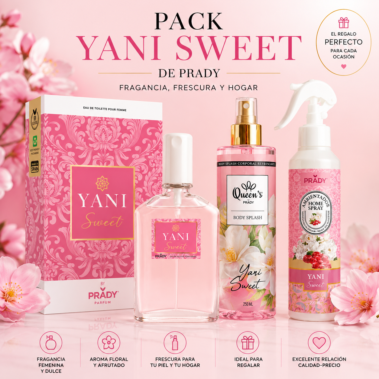 Pack Yani Sweet Prady con perfume Eau de Toilette, Body Splash 250 ml y Home Spray 220 ml.