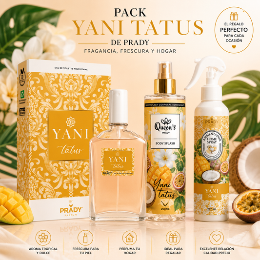 Pack Yani Tatus Prady con perfume Eau de Toilette, Body Splash 250 ml y Home Spray 220 ml.