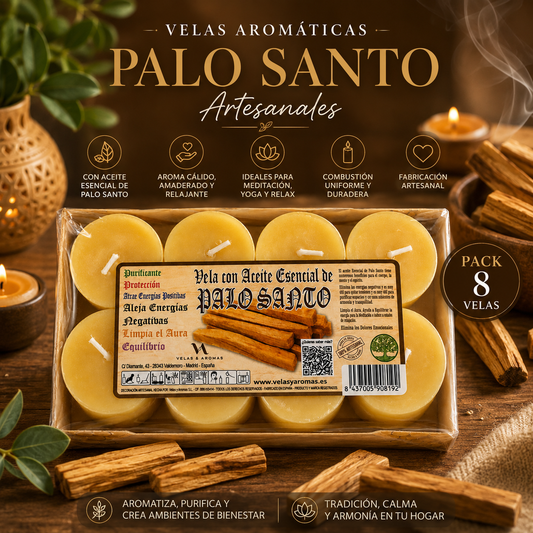 Pack de 8 Velas Aromáticas Artesanales de Palo Santo con aceite esencial para aromatizar y decorar el hogar.