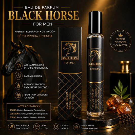 Perfume Black Horse Hombre 35 ml Eau de Parfum masculino con caja y frasco negro sobre fondo elegante