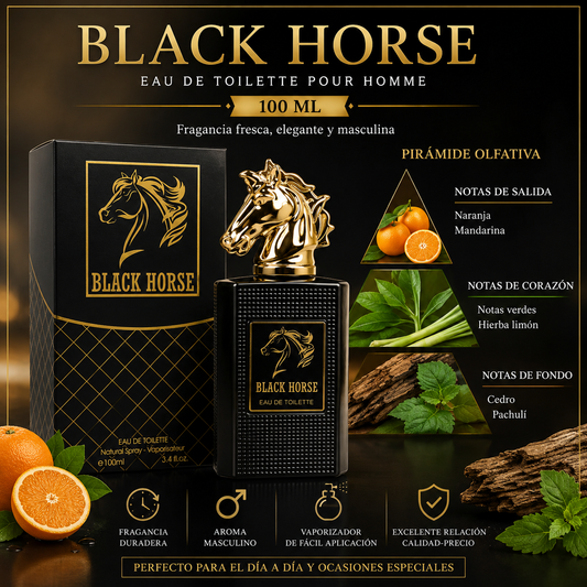 Perfume Black Horse Hombre Eau de Toilette 100 ml con frasco negro y tapón dorado