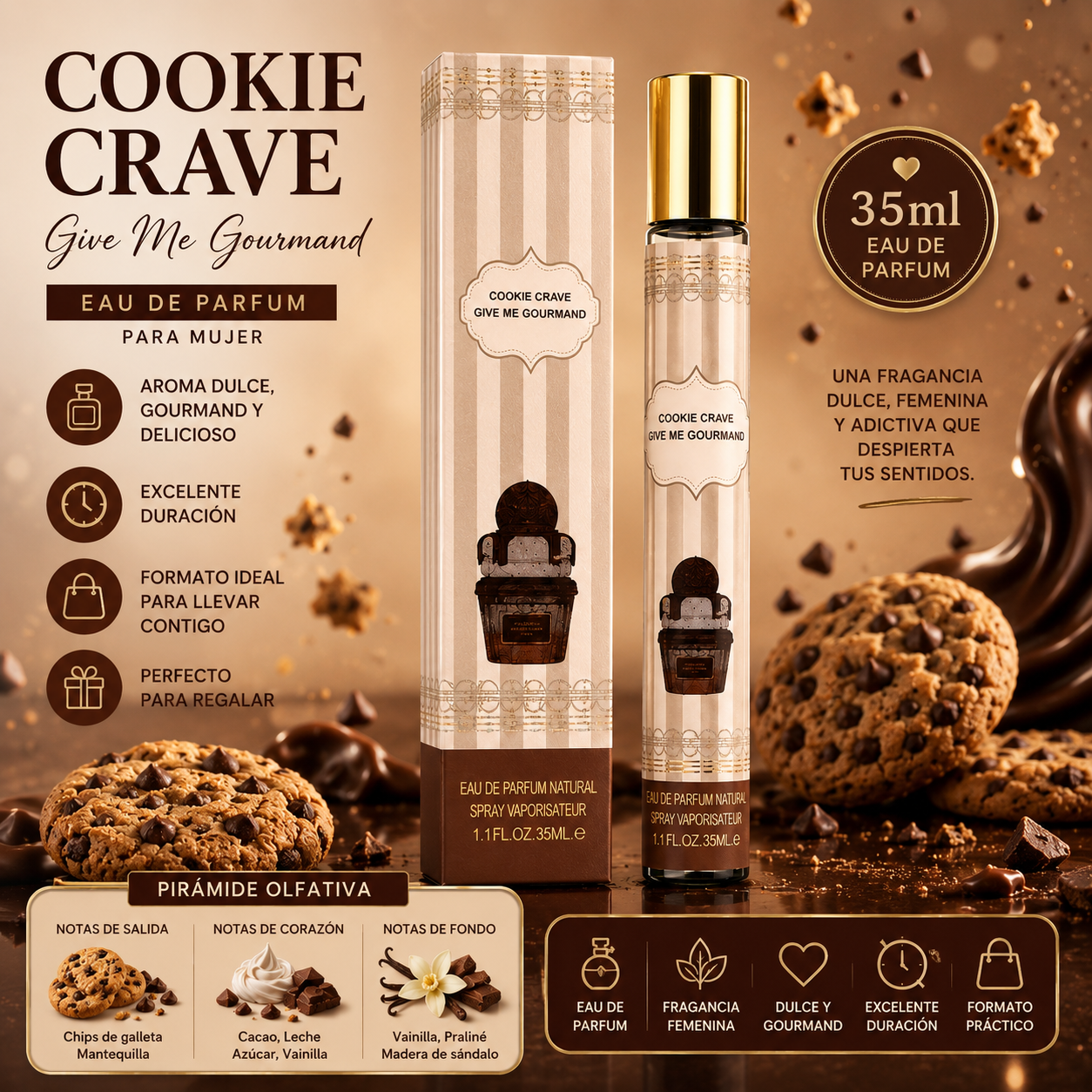 Perfume Cookie Crave Mujer 35 ml Eau de Parfum gourmand con aroma a galleta, cacao, vainilla y praliné.