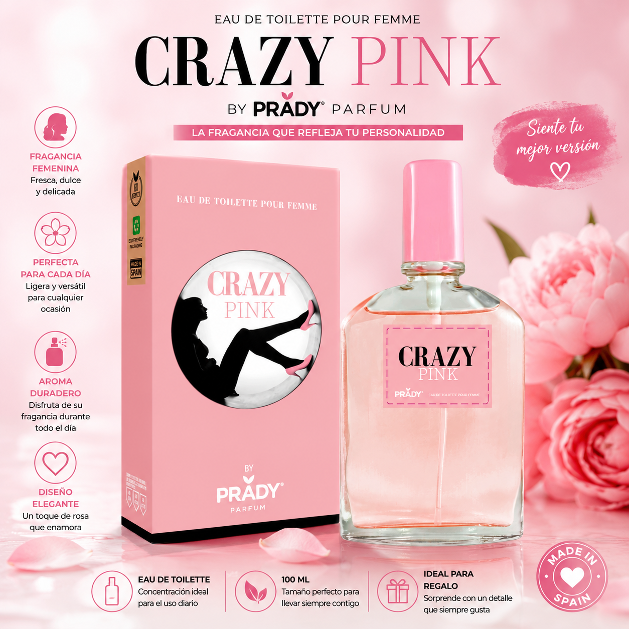 Perfume Crazy Pink Prady Eau de Toilette para mujer de 100 ml con frasco rosa y aroma femenino fresco y dulce.