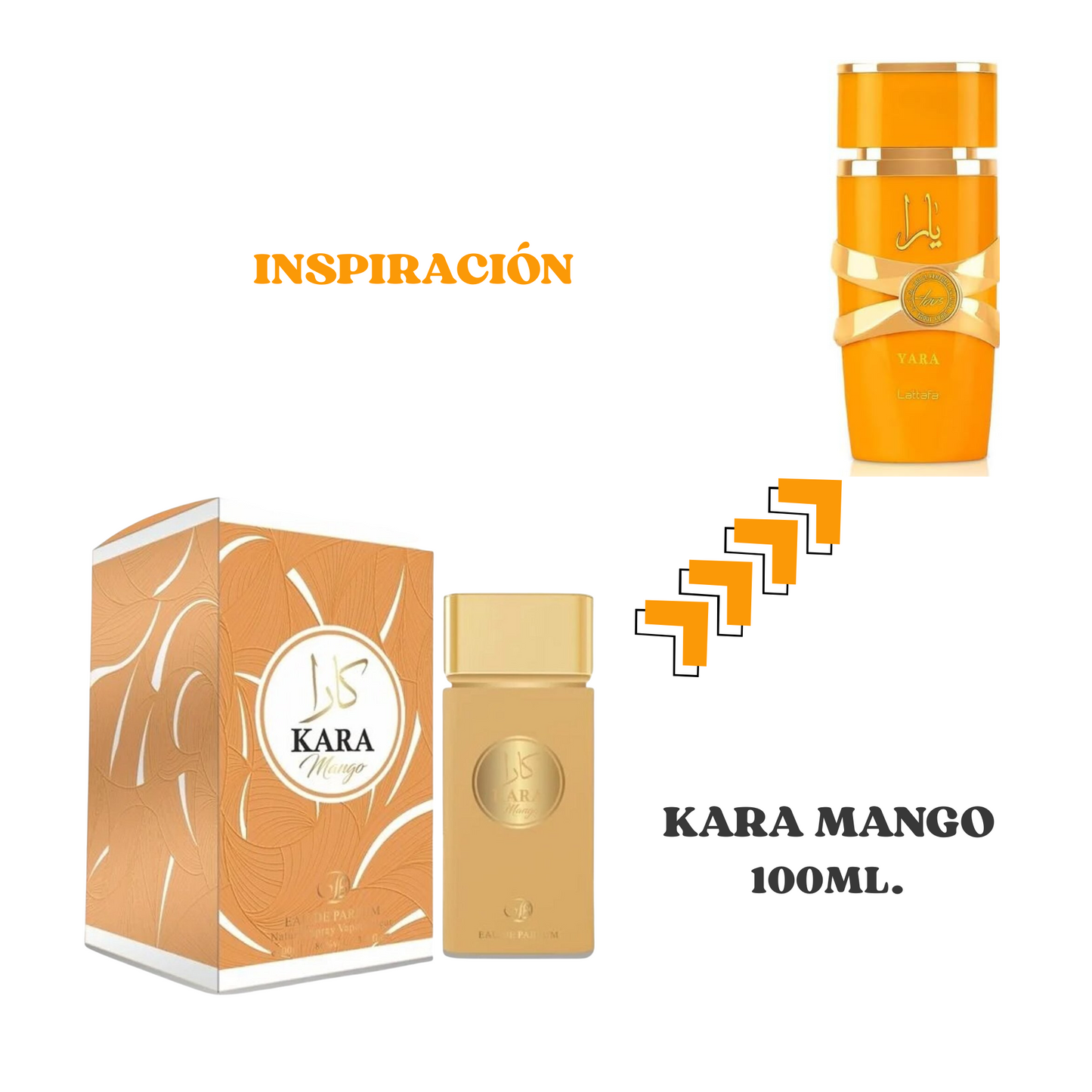 Perfume Kara Mango Eau de Parfum de 100 ml, fragancia femenina inspirada en Yara Tous con aroma tropical, dulce y de larga duración.