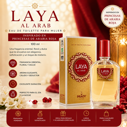 Perfume Laya Al Arab Mujer 100 ml Prady inspirado en Princesas de Arabia Roja con caja original y frasco de eau de toilette femenino.