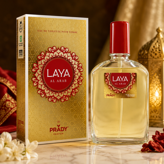 Perfume Laya Al Arab Mujer 100 ml presentado en un elegante ambiente de inspiración árabe