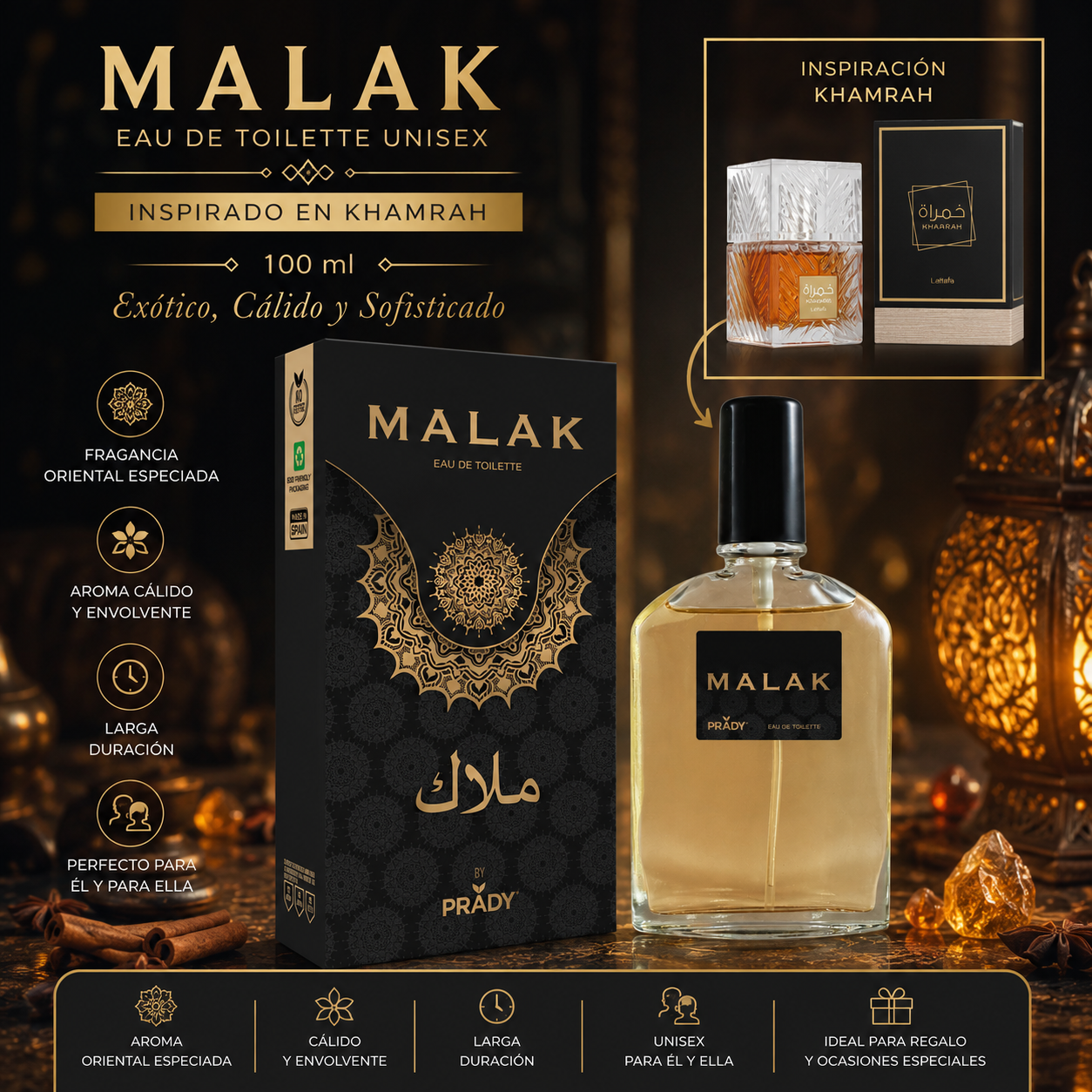 Perfume Malak Unisex Eau de Toilette 100 ml de Prady inspirado en Khamrah de Lattafa con frasco y caja originales sobre fondo oriental elegante.