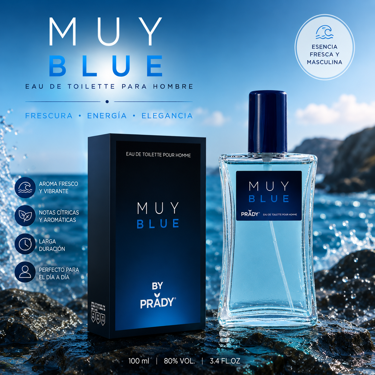 Perfume Muy Blue Hombre Eau de Toilette 100 ml de Prady con frasco y caja originales sobre un fondo marino de estilo fresco y masculino.