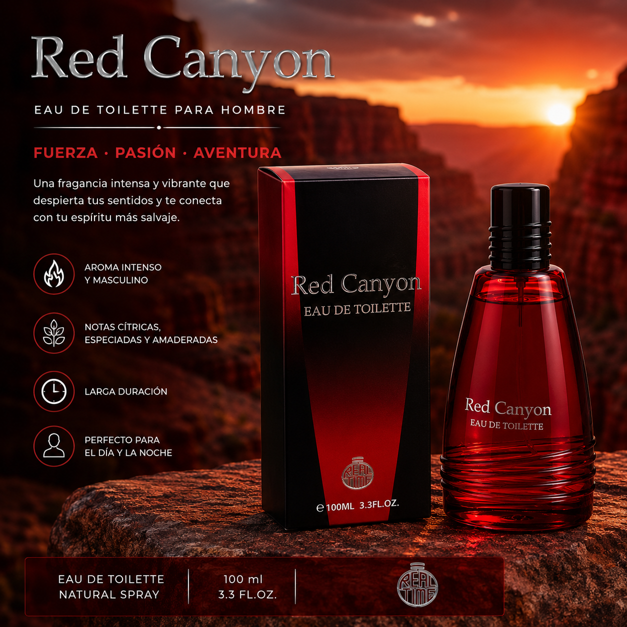 Perfume Red Canyon Real Time Eau de Toilette para hombre 100 ml con caja original e imagen inspirada en un cañón al atardecer, fragancia masculina intensa y duradera.