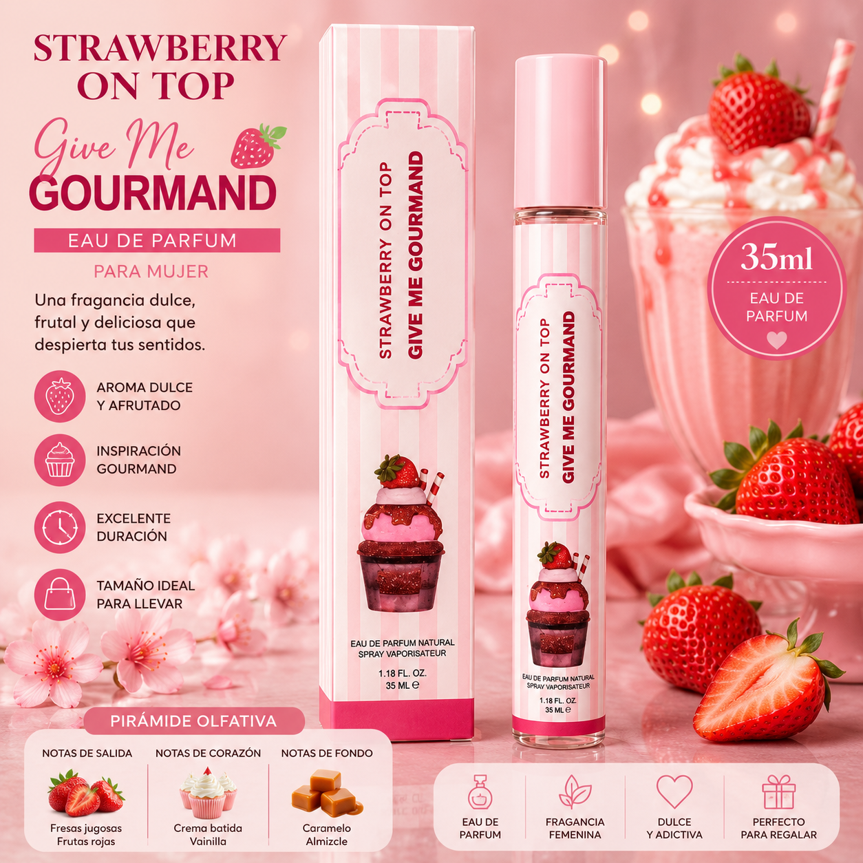 Perfume Strawberry On Top Mujer 35 ml Eau de Parfum con aroma gourmand de fresa, vainilla y crema.