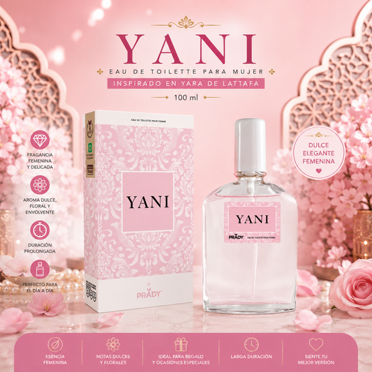 Perfume Yani Eau de Toilette Mujer 100 ml de Prady, inspirado en Yara de Lattafa, con caja y frasco original, fragancia dulce, floral y duradera.