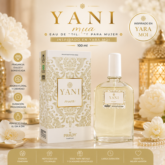 Perfume Yani Mua Mujer 100 ml Prady inspirado en Yara Moi con caja y frasco sobre fondo elegante en tonos crema y dorados, fragancia femenina floral y cremosa.