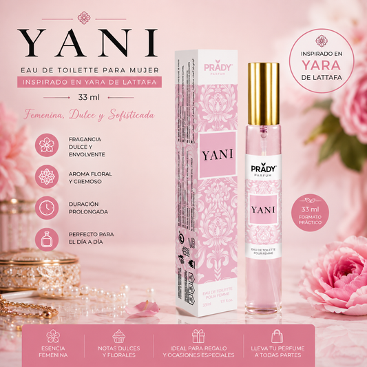 Perfume Yani Mujer 33 ml Prady inspirado en Yara de Lattafa con caja y frasco sobre fondo rosa elegante, fragancia femenina dulce y floral.