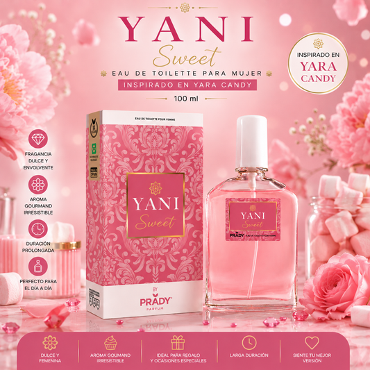 Perfume Yani Sweet Mujer 100 ml Prady inspirado en Yara Candy con caja y frasco sobre fondo rosa elegante, fragancia dulce y gourmand.