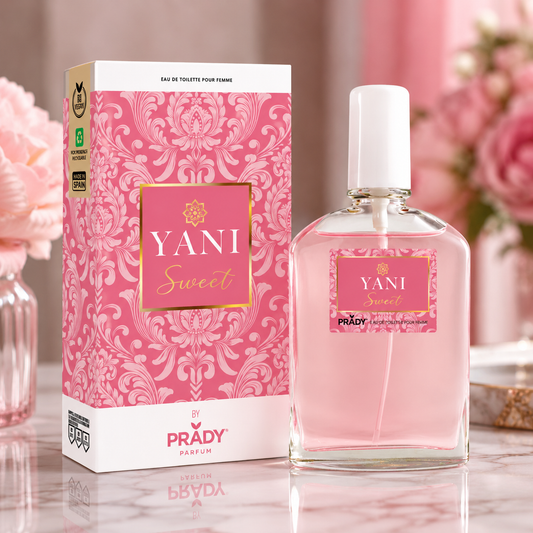 Perfume Yani Sweet Mujer 100 ml de Prady con caja original sobre fondo rosa decorativo con flores, ideal para regalo.