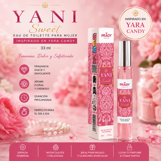 Perfume Yani Sweet Mujer 33 ml Prady inspirado en Yara Candy de Lattafa con caja y frasco sobre fondo rosa elegante, fragancia femenina dulce y gourmand.