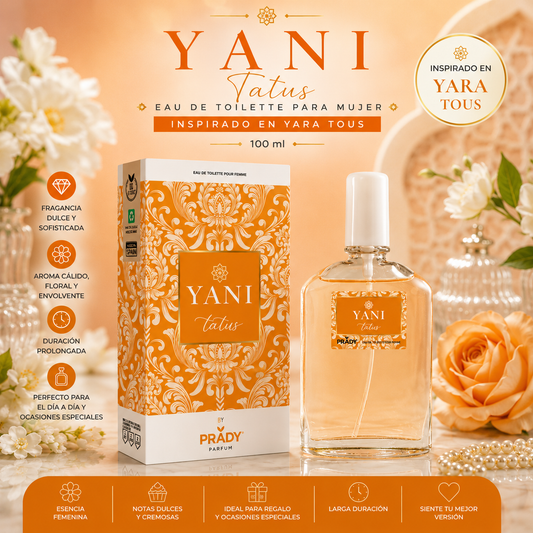 Perfume Yani Tatus Mujer 100 ml Prady inspirado en Yara Tous con caja y frasco sobre fondo elegante en tonos dorados, fragancia femenina dulce y floral.