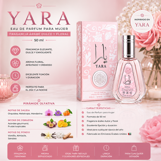 Perfume Yara Eau de Parfum Mujer 50 ml Ard Al Zaafaran con caja original rosa y frasco de cristal de perfume árabe femenino.
