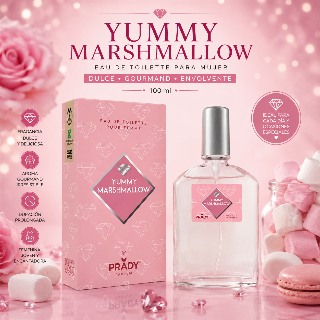 Perfume Yummy Marshmallow Eau de Toilette para mujer 100 ml de Prady con caja y frasco original, fragancia dulce gourmand con aroma avainillado y efecto marshmallow.