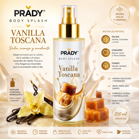 Prady Body Splash Vanilla Toscana 250 ml con aroma dulce de vainilla y caramelo, bruma corporal hidratante para mujer