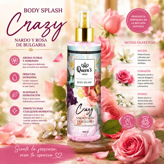 Queen's by Prady Crazy Body Splash 250 ml con aroma a nardo y rosa de Bulgaria, bruma corporal refrescante para mujer