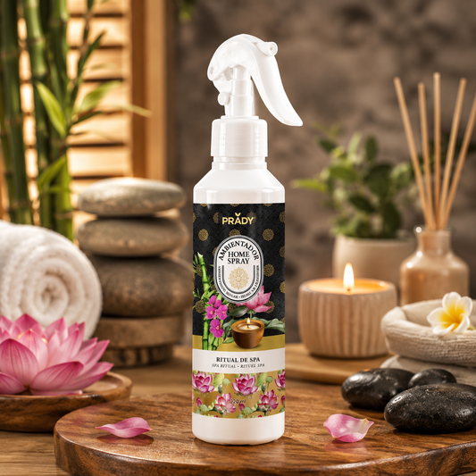Ritual Spa Ambientador Prady 220 ml en un ambiente tipo spa con velas, piedras y toallas