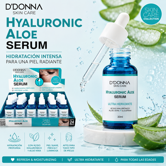 Serum Hyaluronic Aloe D'Donna con ácido hialurónico, aloe vera y glicerina para hidratar y aportar luminosidad al rostro.