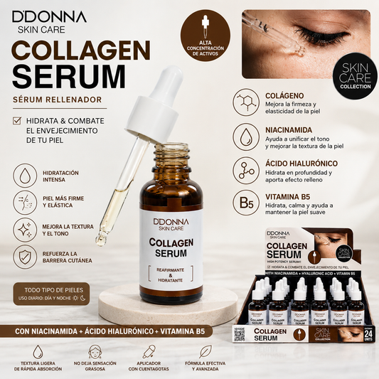 Serum de Colágeno D'Donna con Niacinamida, Ácido Hialurónico y Vitamina B5 para hidratar y mejorar la apariencia de la piel.