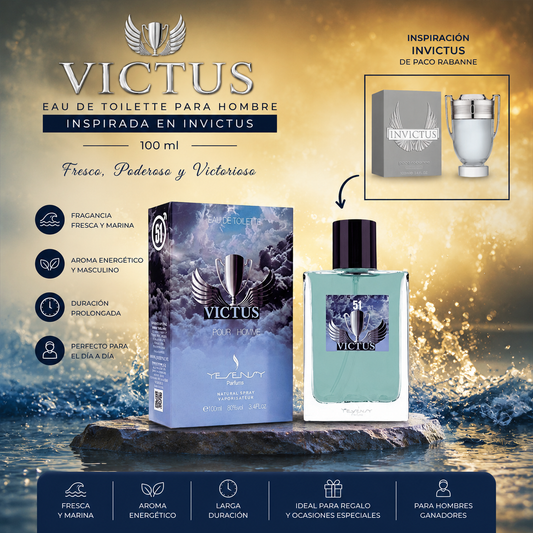 Victus Hombre Eau de Toilette 100 ml de Yesensy inspirado en Invictus de Paco Rabanne con frasco y caja originales sobre fondo marino.