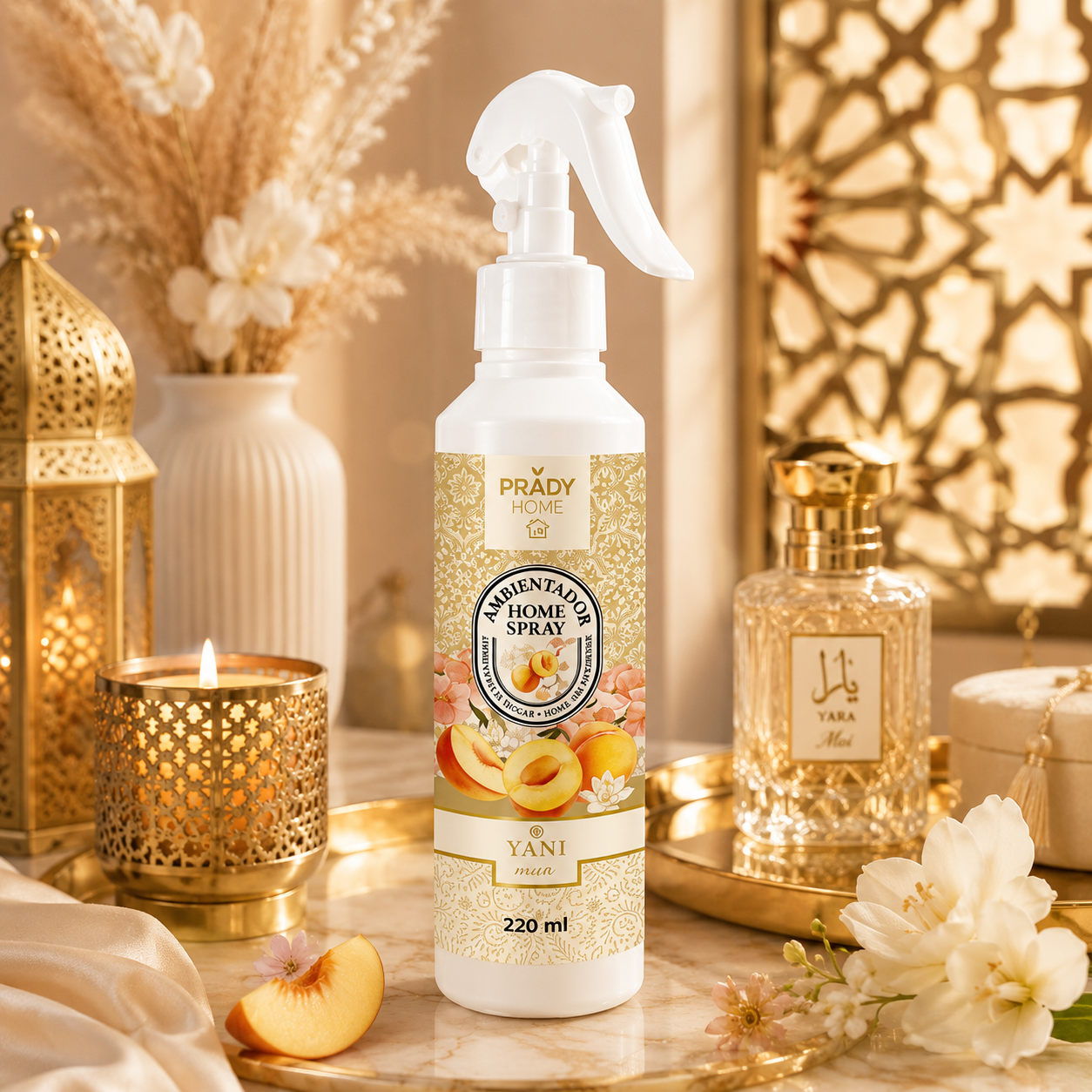 Yani Mua Ambientador Prady 220 ml sobre una superficie elegante con decoración inspirada en perfumes árabes